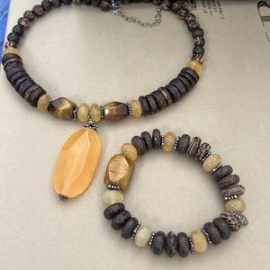 Silpada matching Necklace & Bracelet. Sterling Honey Jade, Tigers Eye, Wood.